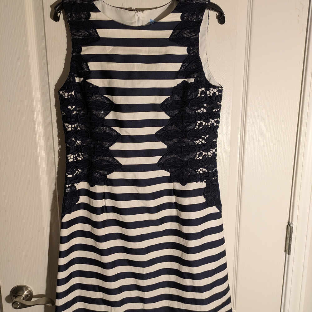 ANTONIO MELANI Striped Navy and White Midi Dress